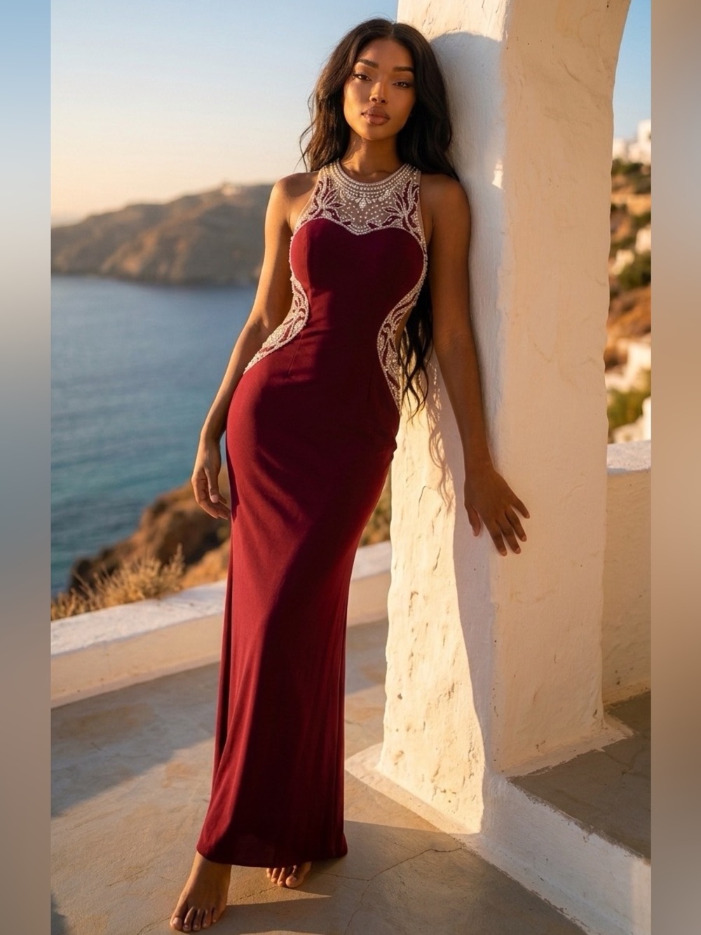 Beaded Illusion fall wedding dress in Burgundy